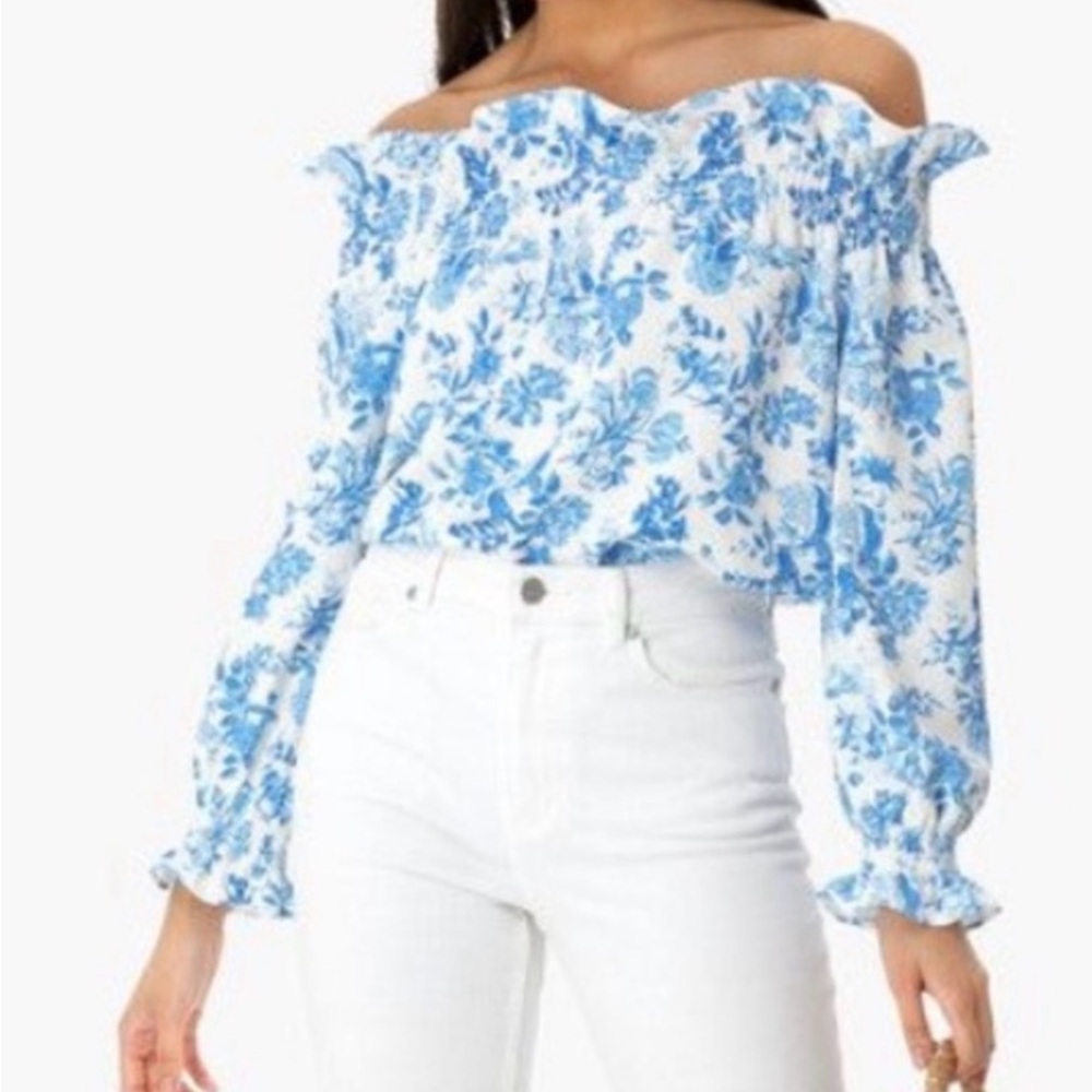 TUCKERNUCK-Marguerite Off the Shoulder Blue White Floral Top Sz XS NWOT - Picture 4 of 4